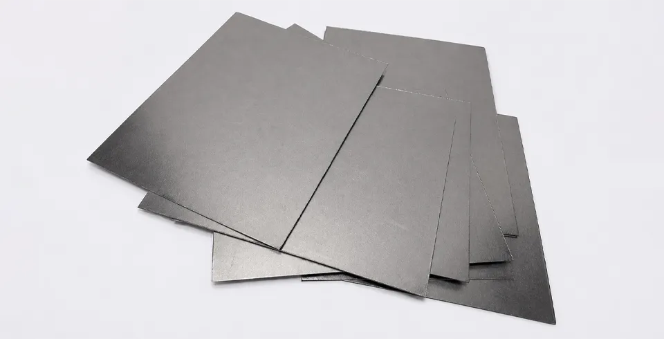 Composite flexible graphite bipolar plates stacked together.
